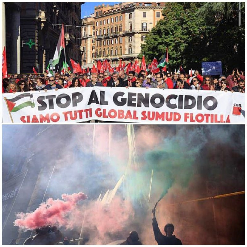 مظاهرة حاشدة في روما، ضمن يوم الإضراب العالمي؛ إسنادًا لغزة وتنديدًا بحرب الإبادة والتجويع، واستنكارًا لقرصنة "أسطول الصمود"....