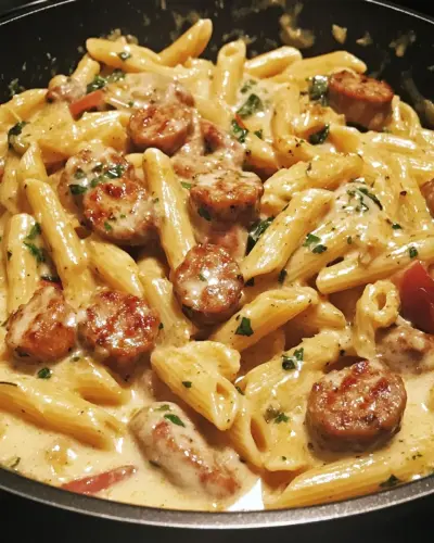 One Skillet Sticky Garlic Butter Cajun Sausage Pasta 2.webp