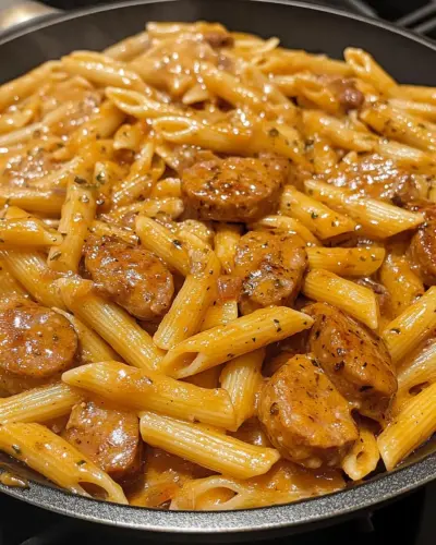 Sticky Sweet Garlic Parmesan Sausage Penne 1.webp