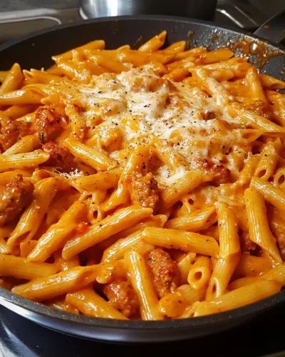 One Skillet Spicy Cajun Sausage Cheese Pasta.webp