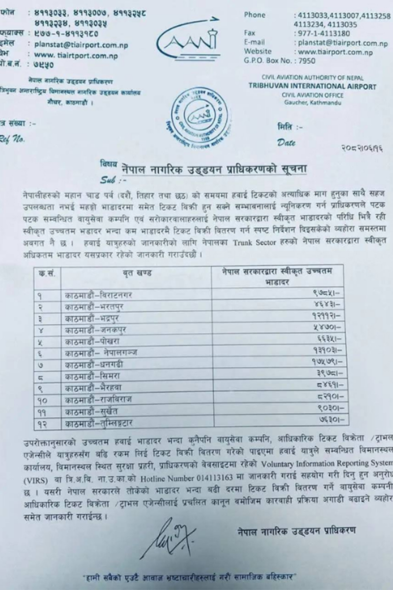 आन्तरिक उडानको भाडादर सार्वजनिक, काठमाडौं-धनगढीको भाडा सबैभन्दा बढी