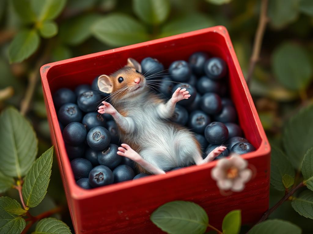 A red box of blue berries with a rat dancing inside