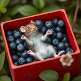 www.naked-ai.art - A red box of blue berries with a rat dancing inside