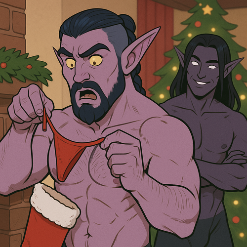 A hilarious scenario featuring Malikor a muscular night elf monk with long dark blue hair tied back .png
