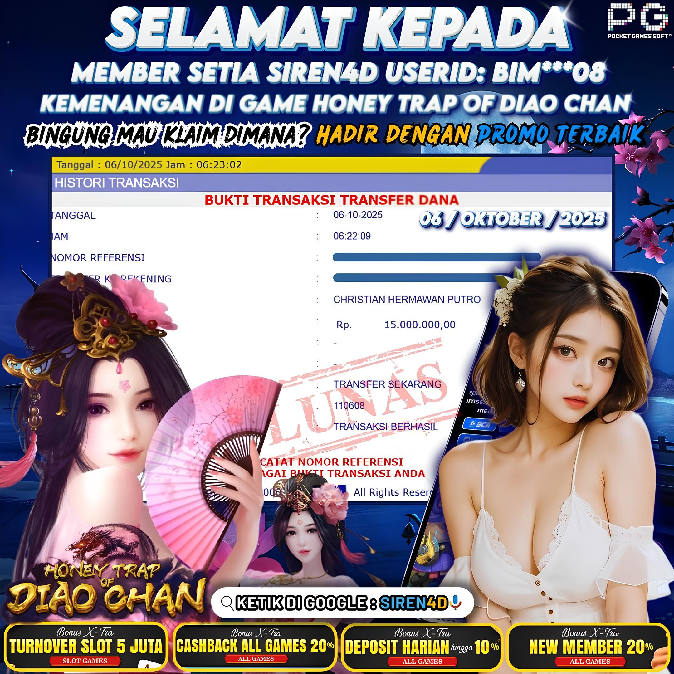 SIREN4D  - JACKPOT DI GAME HONEY TRAP OF DIAO CHAN RP 15JT DIBAYAR LUNAS