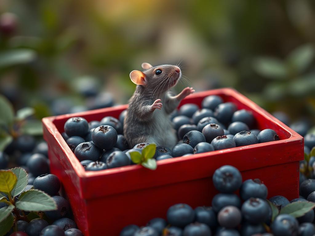 A red box of blue berries with a rat dancing inside