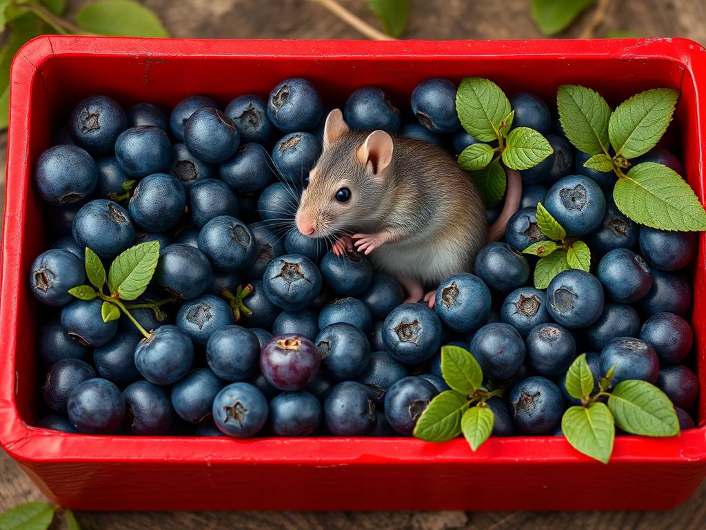 A red box of blue berries with a rat dancing inside