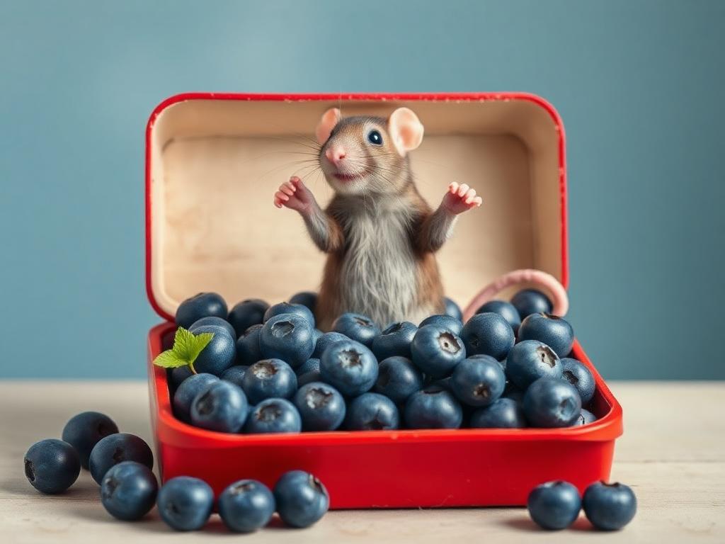 A red box of blue berries with a rat dancing inside