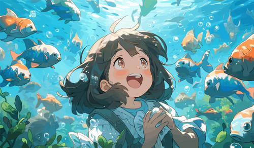 Anime Girl and Underwater Fishes Wallpaper for Wall.jpg