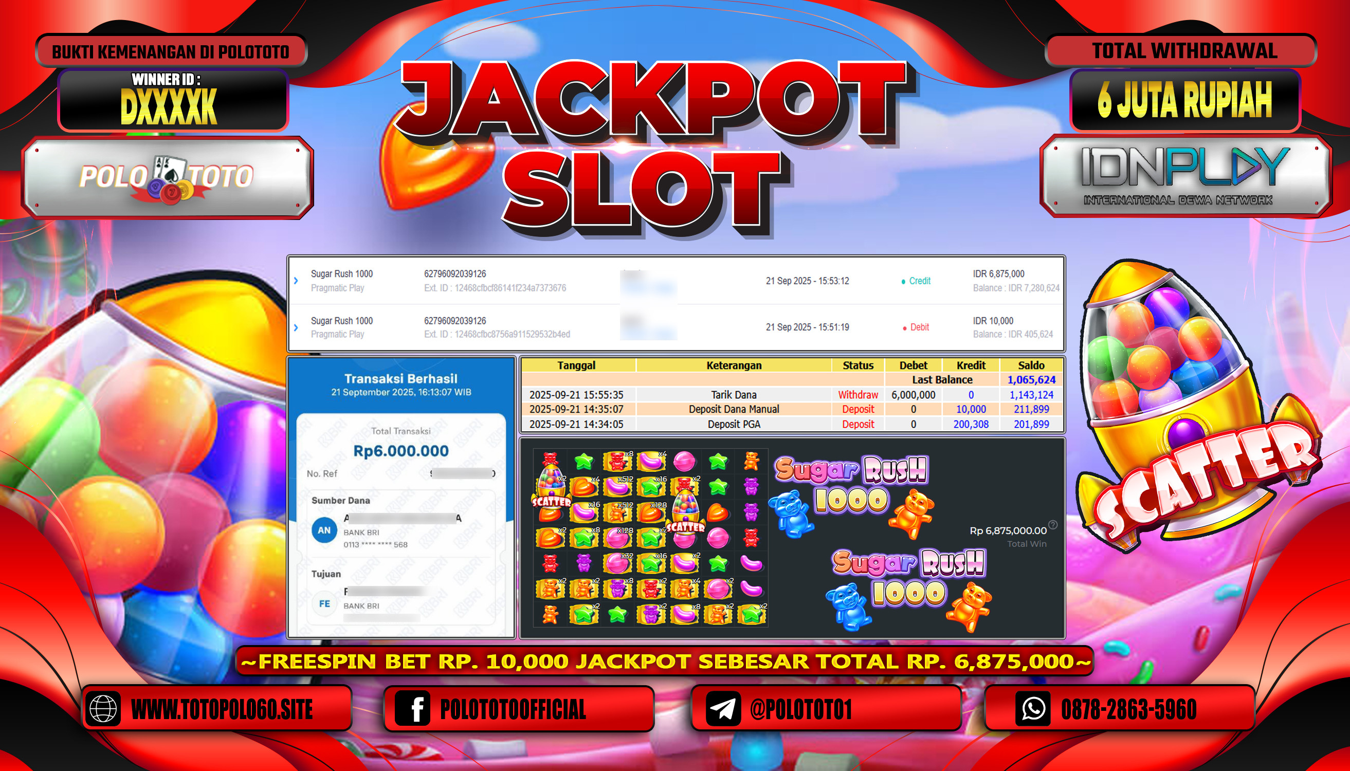 POLOTOTO JACKPOT SLOT SUGAR RUSH 1000 Rp.6.000.000,- LUNAS