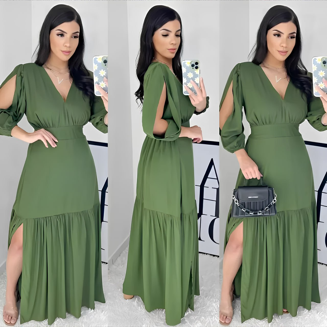 Vestido Longo Babado Fenda Manga 3/4 Evangélico Elegante