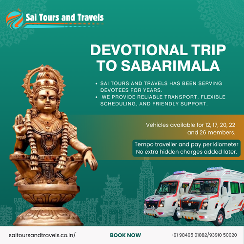Peaceful and comfortable Sabarimala travel with our 28 seater tempo traveller.