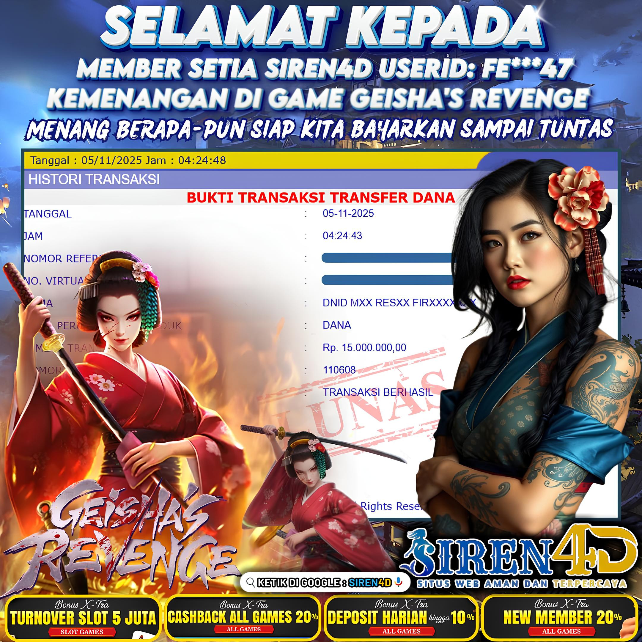 SIREN4D  - JACKPOT DI GAME GEISHA'S REVENGE RP 15JT DIBAYAR LUNAS