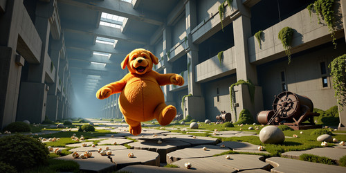 A photorealistic hyper detailed scene of Big Belly Bob the plush labradoodle with an absurdly large .1