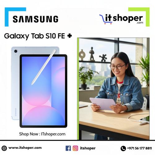Samsung Galaxy Tab S10 FE Plus with S Pen and woman using tablet in bright workspace shop now ITshop.1