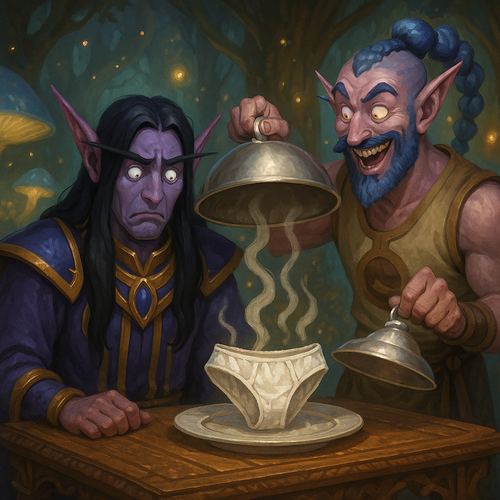 A comedic fantasy artwork featuring Einariel a night elf hunter priest with flowing black hair glowi.png