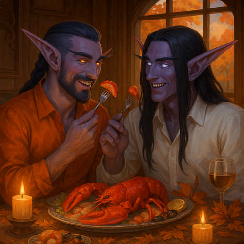 A cute and romantic scene of two night elf husbands at a fancy seafood tavern in autumn Malikor a ni.png