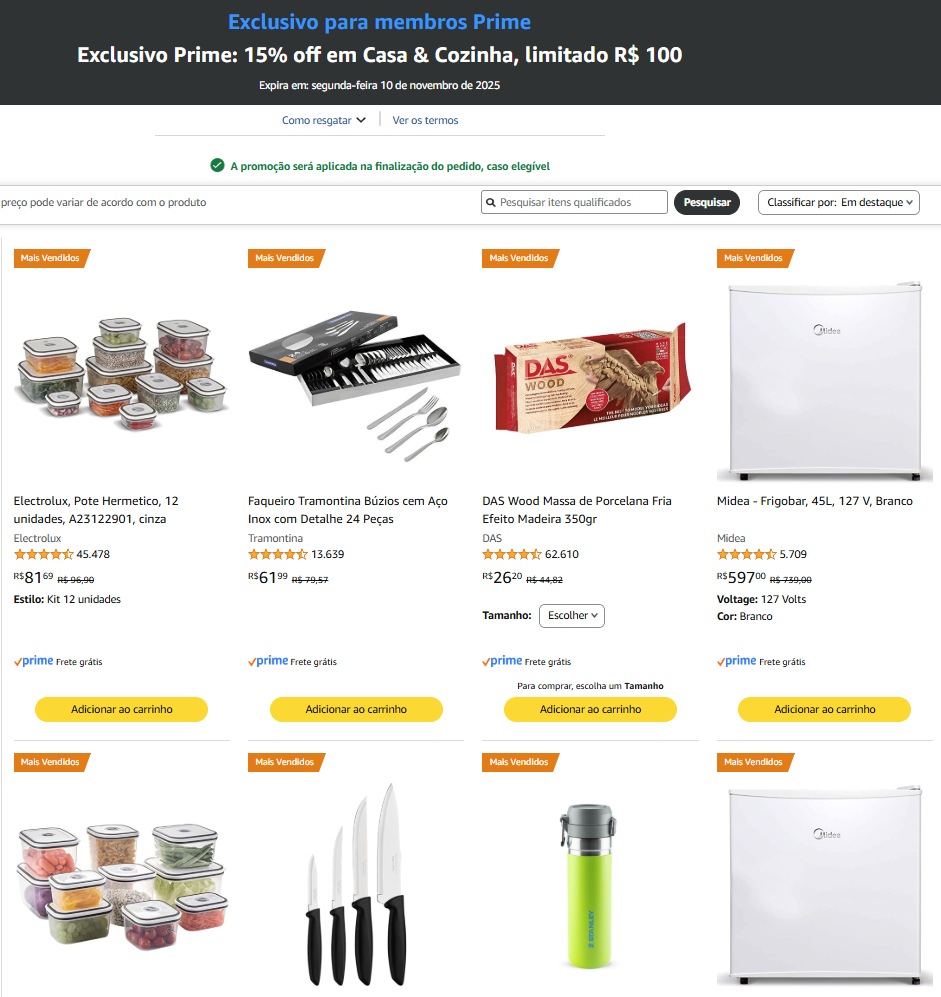 Exclusivo Prime: 15% off em Casa & Cozinha, limitado R$ 100