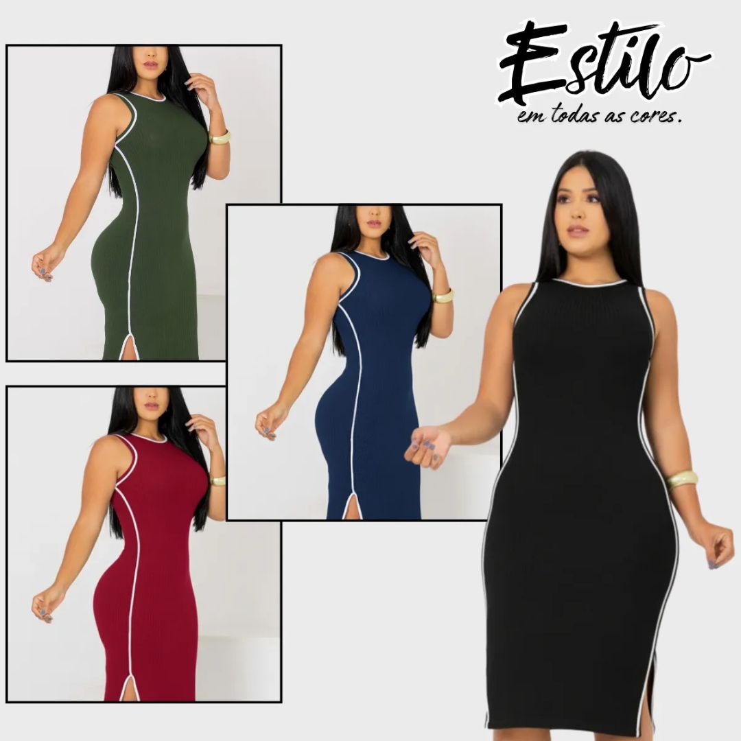 Vestido Midi Canelado Premium Regata Casual Básico Modelador