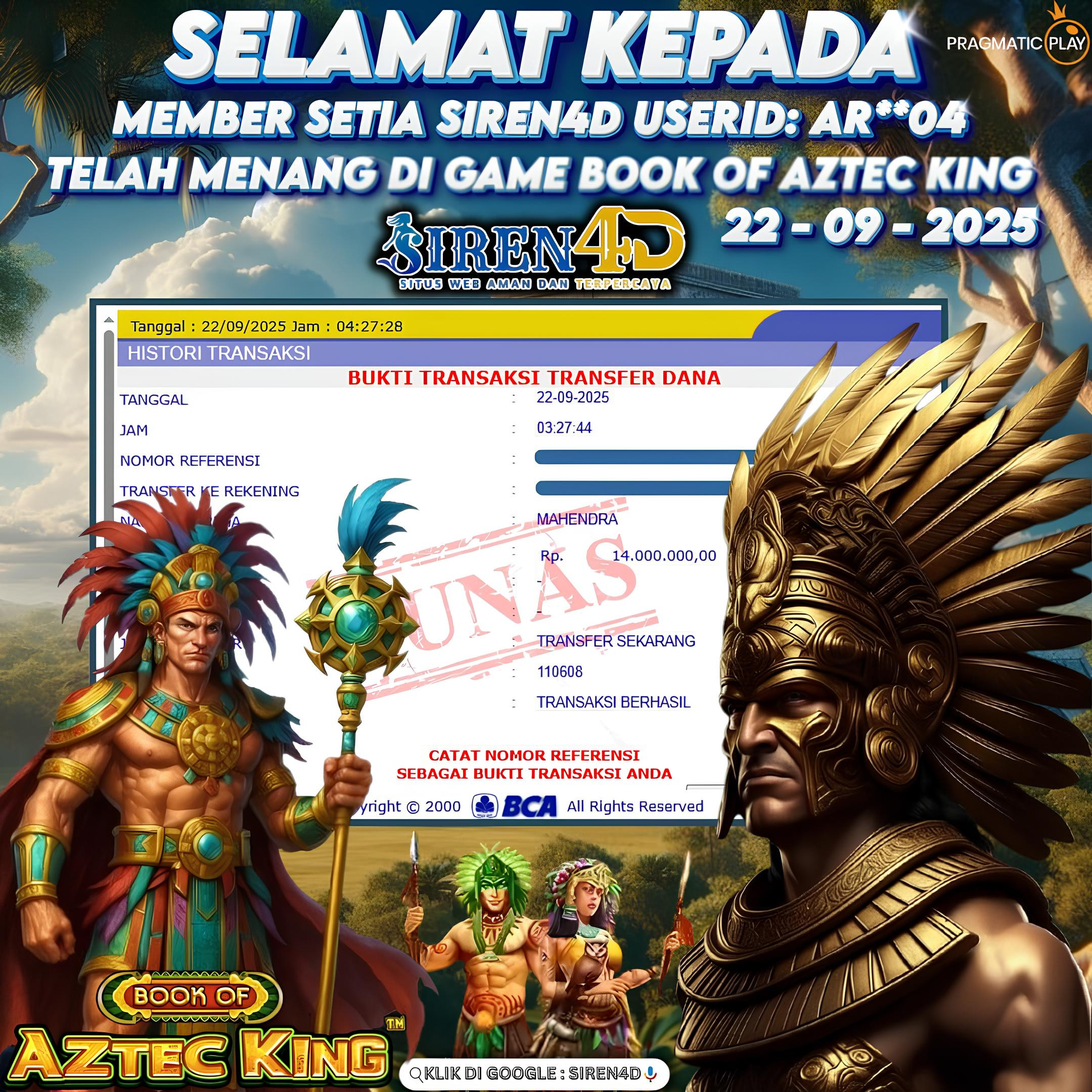 SIREN4D  - JACKPOT DI GAME BOOK OF AZTEC KING RP 14JT DIBAYAR LUNAS