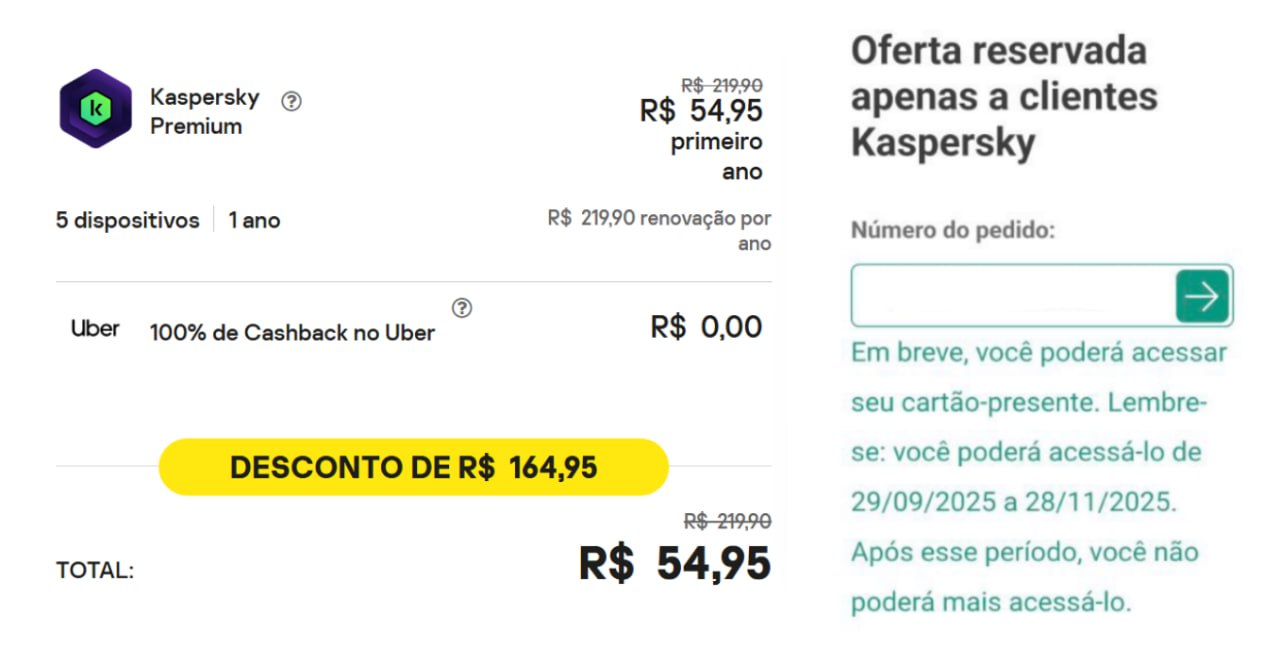 Super Antivírus Kaspersky Premium 5 Dispositivos + VPN Rapida e ilimitada, com 100% de Cashback em Voucher Uber