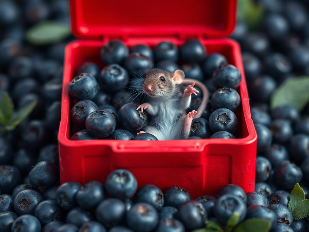 A red box of blue berries with a rat dancing inside