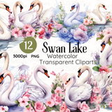 Watercolor Swan Lake Clipart 77299589