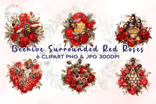 Beehive with Red Roses Clipart 76981983.png