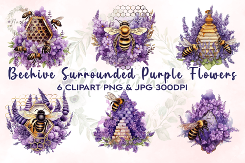 Beehive with Purple Flowers Clipart 76991625.png