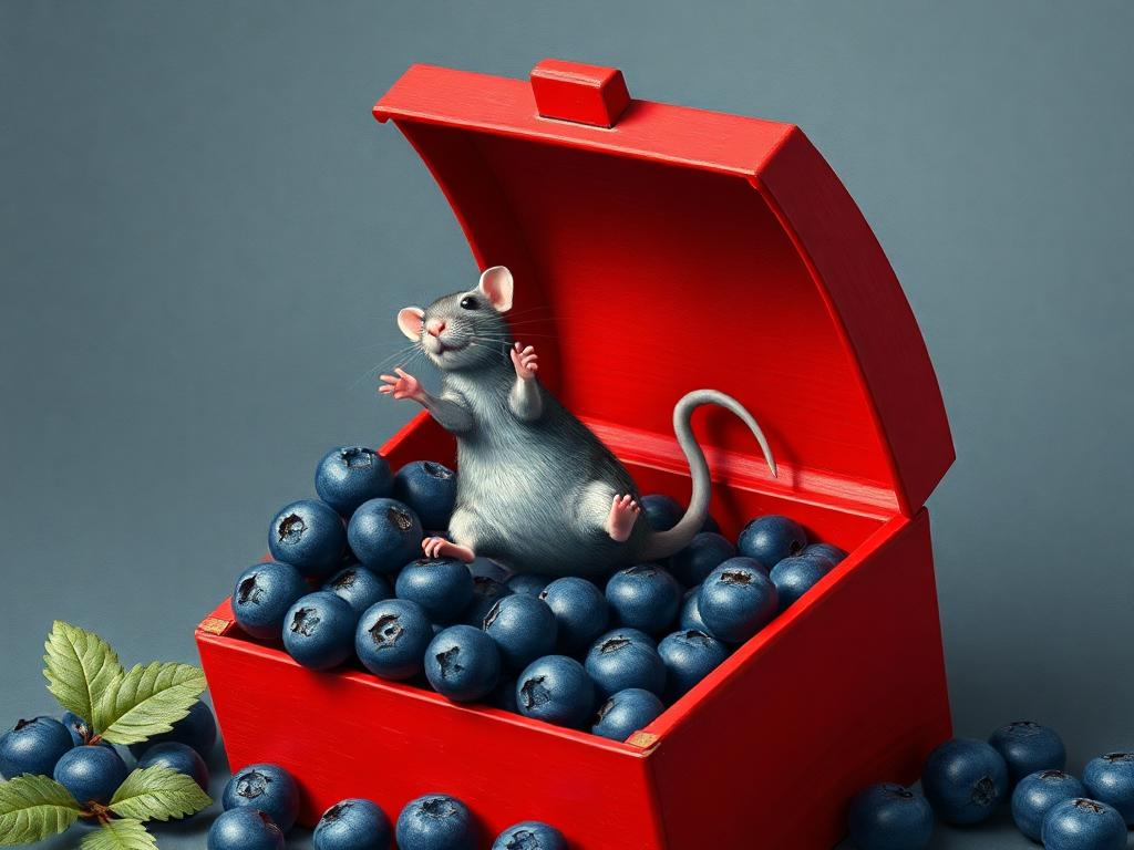 A red box of blue berries with a rat dancing inside