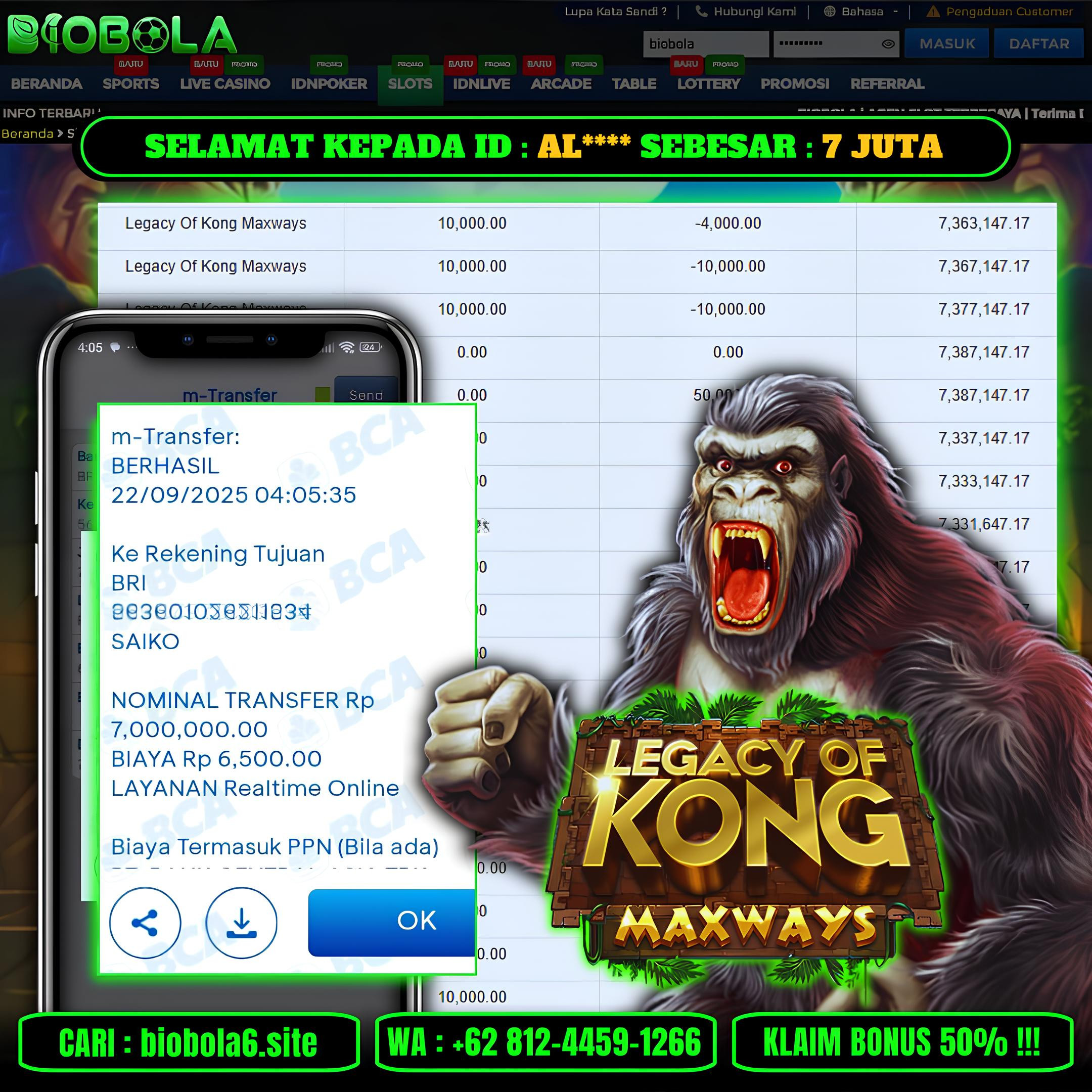 BIOBOLA  - JACKPOT DI GAME LEGACY OG KONG MAXWAYS RP 7JT DIBAYAR LUNAS