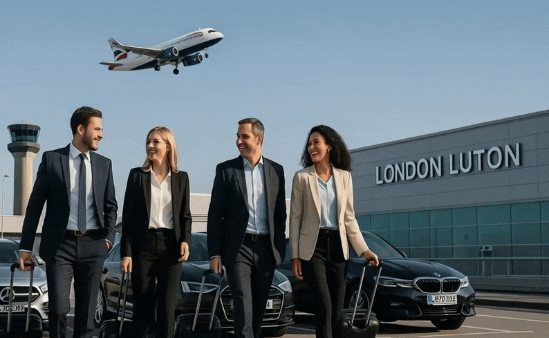 Cars parked at a UK airport with a plane taking off, illustrating airport parking services.