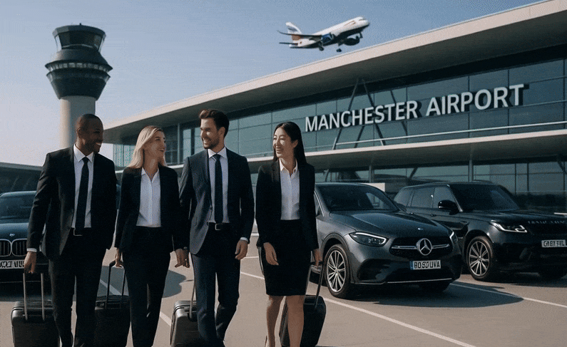 Cars neatly parked in an outdoor Park & Ride facility near Manchester airport, with a shuttle bus visible.
