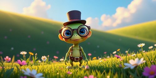 An absurdly adorable alien AAA standing in a lush green meadow under a bright blue sky wearing overs.jpg