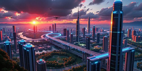 A panoramic view of a sprawling futuristic city at sunset viewed from high above to showcase a vast .jpg