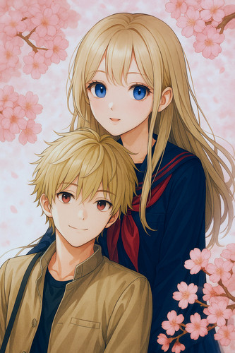 20251108 1225 Anime Couple Blossoms remix 01k9h3w2qhe5vbnamfv869fwxn.jpg