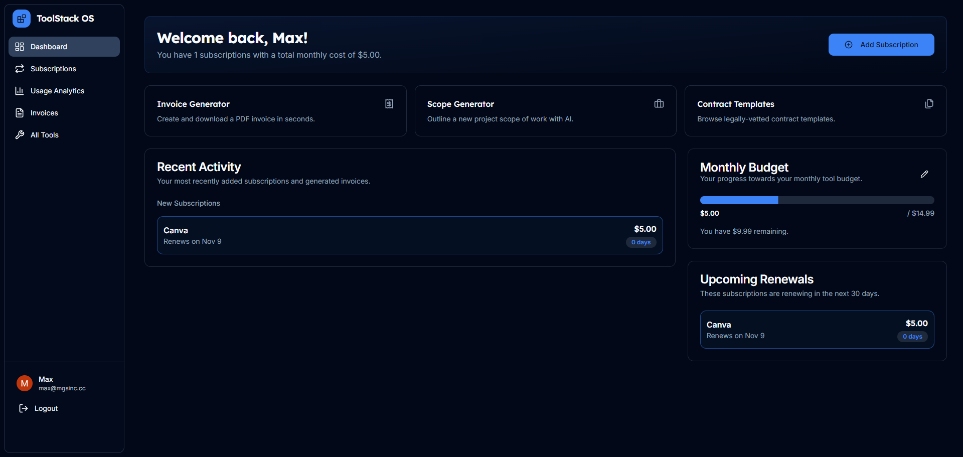 ToolStack OS Dashboard Preview