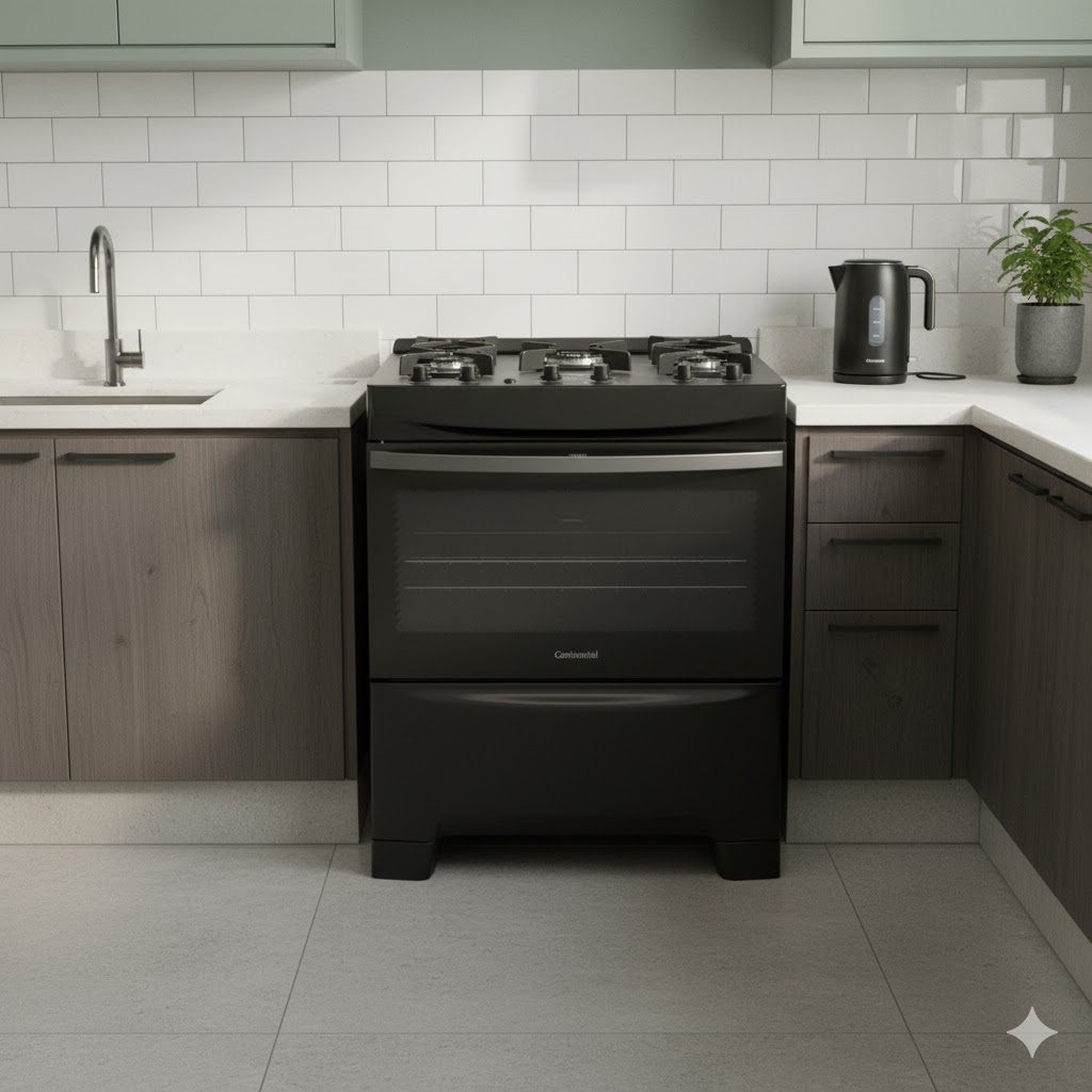 Fogão 5 Bocas Continental Preto Mesa de Vidro, Forno Eco Turbo e Tripla Chama (FC5GB) – Bivolt