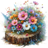 Beautiful wildflowers on a log