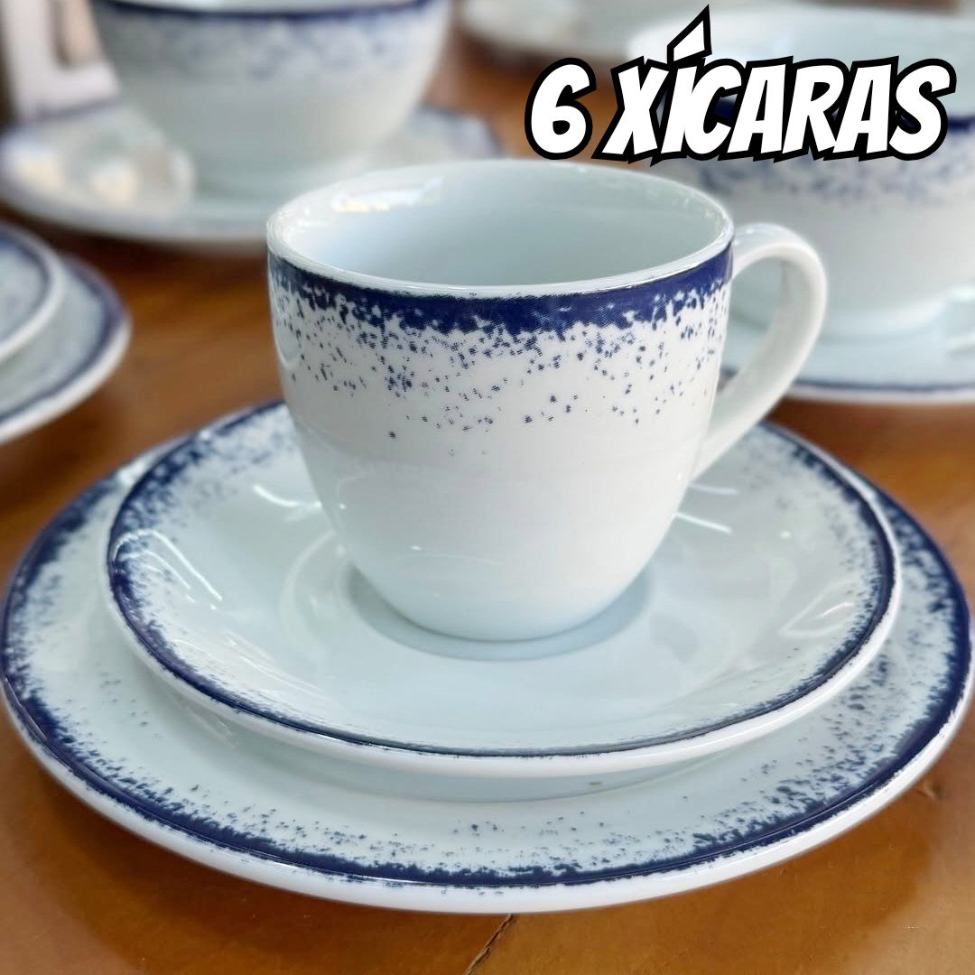 Estojo com 6 Xícaras de Chá com Pires em Porcelana, Modelo Horsa, Redondo, Decoração Névoa Mix, Porcelana Schmidt