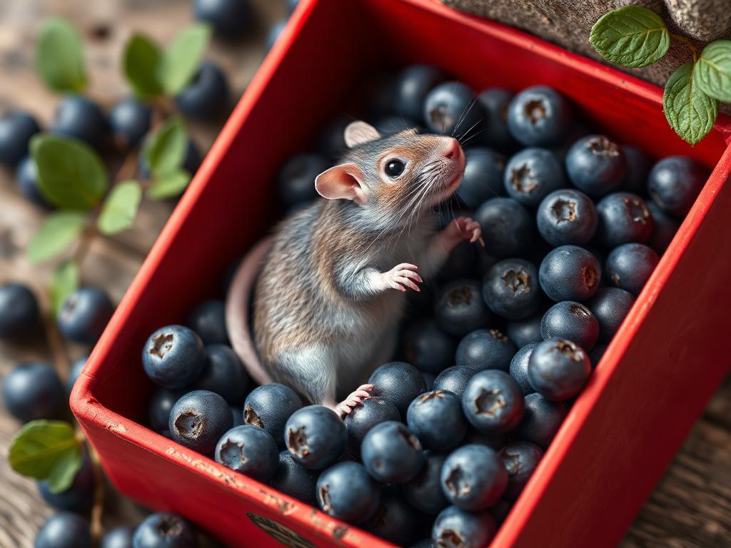 A red box of blue berries with a rat dancing inside