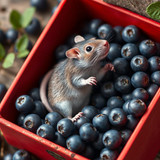 www.naked-ai.art - A red box of blue berries with a rat dancing inside