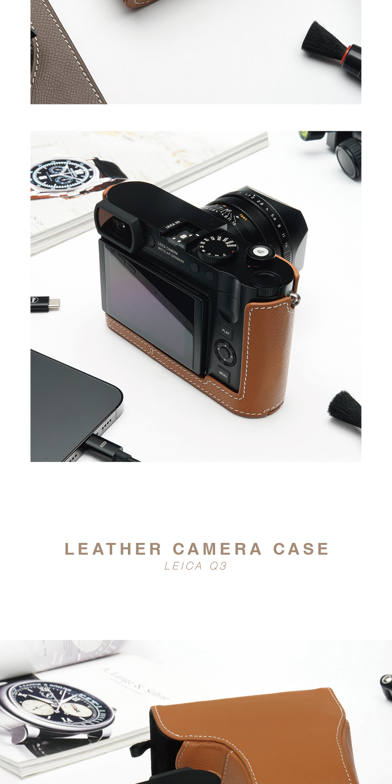 対応機種：LEICA Q3用 ハンドエンボスレザーカメラハーフケース