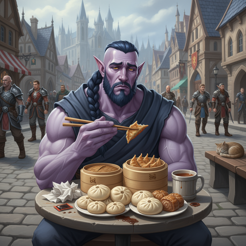 Output a hilarious image of Malikor a very muscular night elf monk with light purple skin yellow eye.png