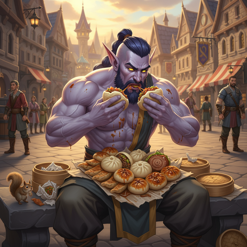 Output a hilarious image of Malikor a very muscular night elf monk with light purple skin yellow eye.png