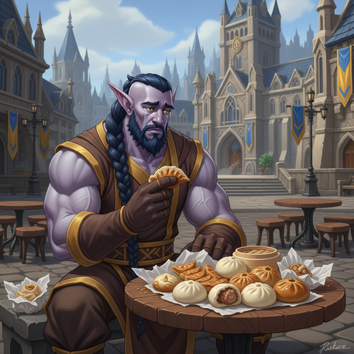 Output a hilarious image of Malikor a very muscular night elf monk with light purple skin yellow eye.png