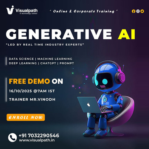 📢 #Visualpath invites you to an exclusive #GenerativeAI Free Demo with Mr. Vinodh, your expert trainer for real-world AI projects and career insights.
📆 Date: 16th October 2025
⏰ Time: 7:00 AM (IST)
👨‍🏫 Trainer: Mr. Vinodh
📞 Contact: +91 7032290546

🌍 Attend online from anywhere -India, USA, UK, Canada, Dubai & more!
🎯 What You’ll Learn:
Generative AI & ChatGPT
Data Science & Machine Learning
Deep Learning & Prompt Engineering

💡 Explore how AI is shaping automation, creativity, and innovation across industries.
🚀 Don’t miss this chance to start your AI journey with hands-on training, real-time projects, and job-focused learning!
💬 WhatsApp: https://wa.me/c/917032290546
🌐 Course info: https://www.visualpath.in/generative-ai-course-online-training.html
📚Visit our Blog: https://visualpathblogs.com/category/generative-ai-genai/