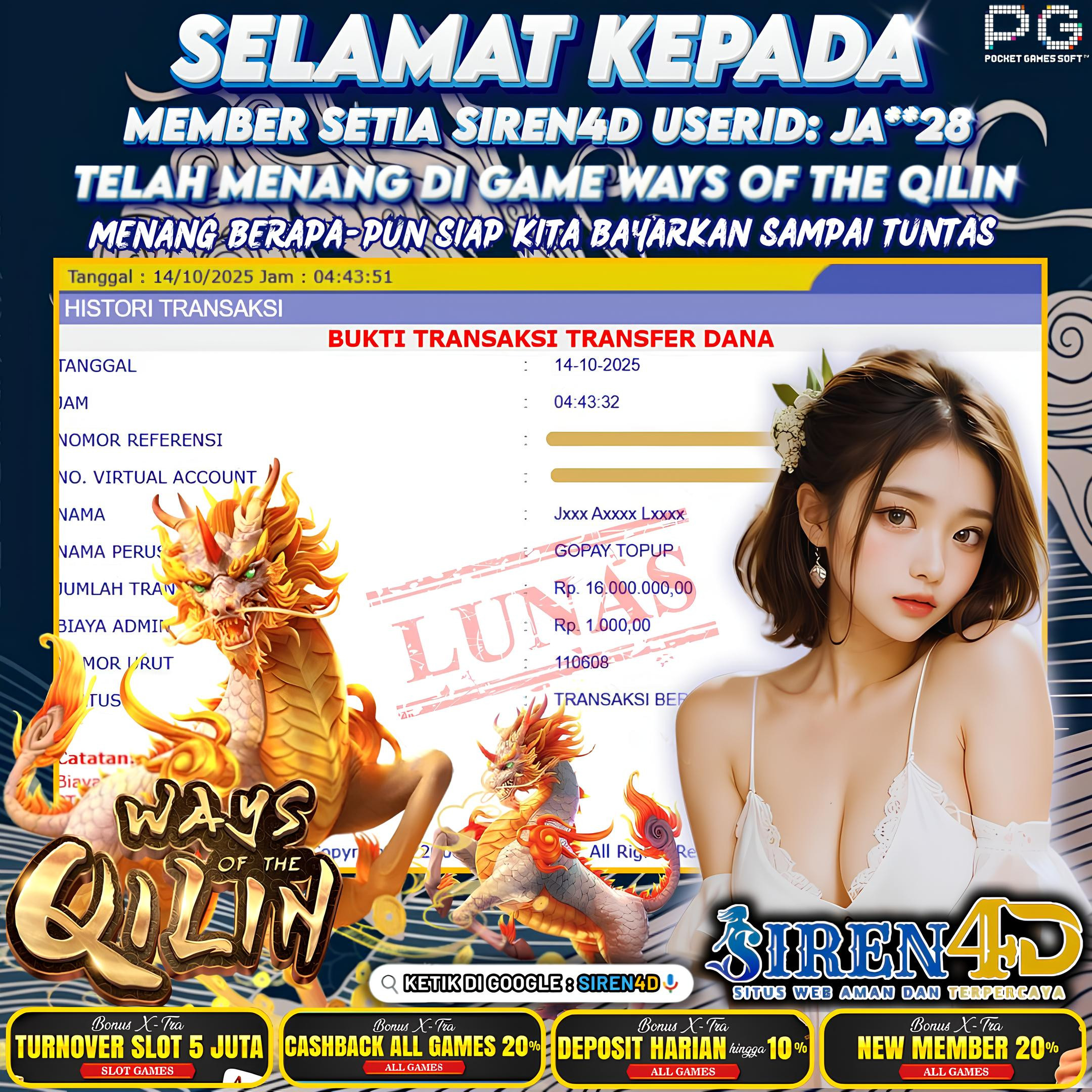 SIREN4D  - JACKPOT DI GAME WAYS OF THE QILIN RP 16JT DIBAYAR LUNAS