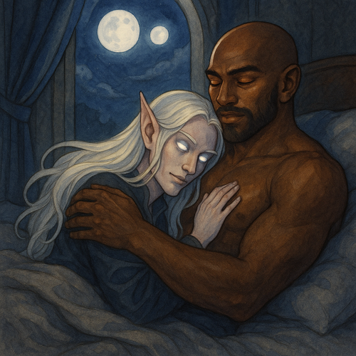 A tender and intimate illustration of two fantasy characters Einariel and Malikor cuddling in bed il.png