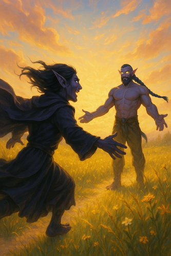 Output an image of the provided scene recreated with Malikor having a beard and the sides of his hea.png